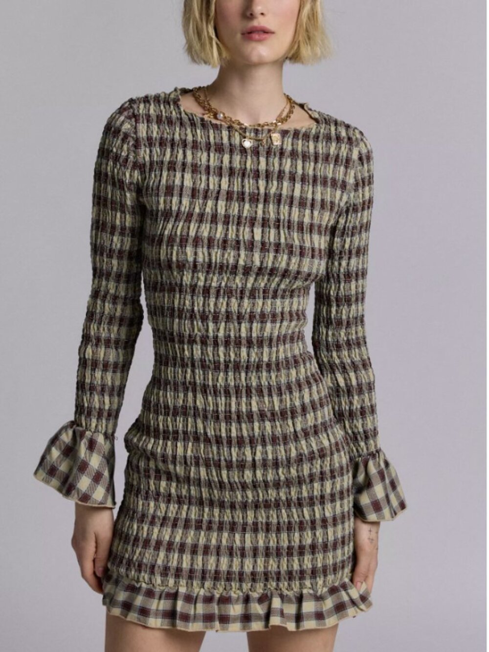 NWT Daisy Street Shirred Plaid Long Sleeve Mini Dress Size XS